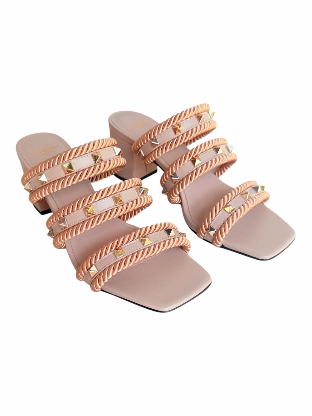 Valentino Garavani Rockstud Rope Block Heel Sandals Poudre Tan/Blush 38 NIB